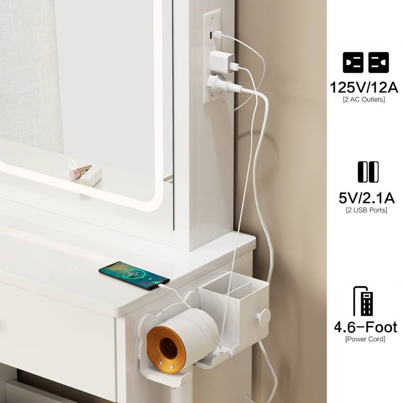 Chic Space-Saver Vanity Set with LED Mirror & Power Hub