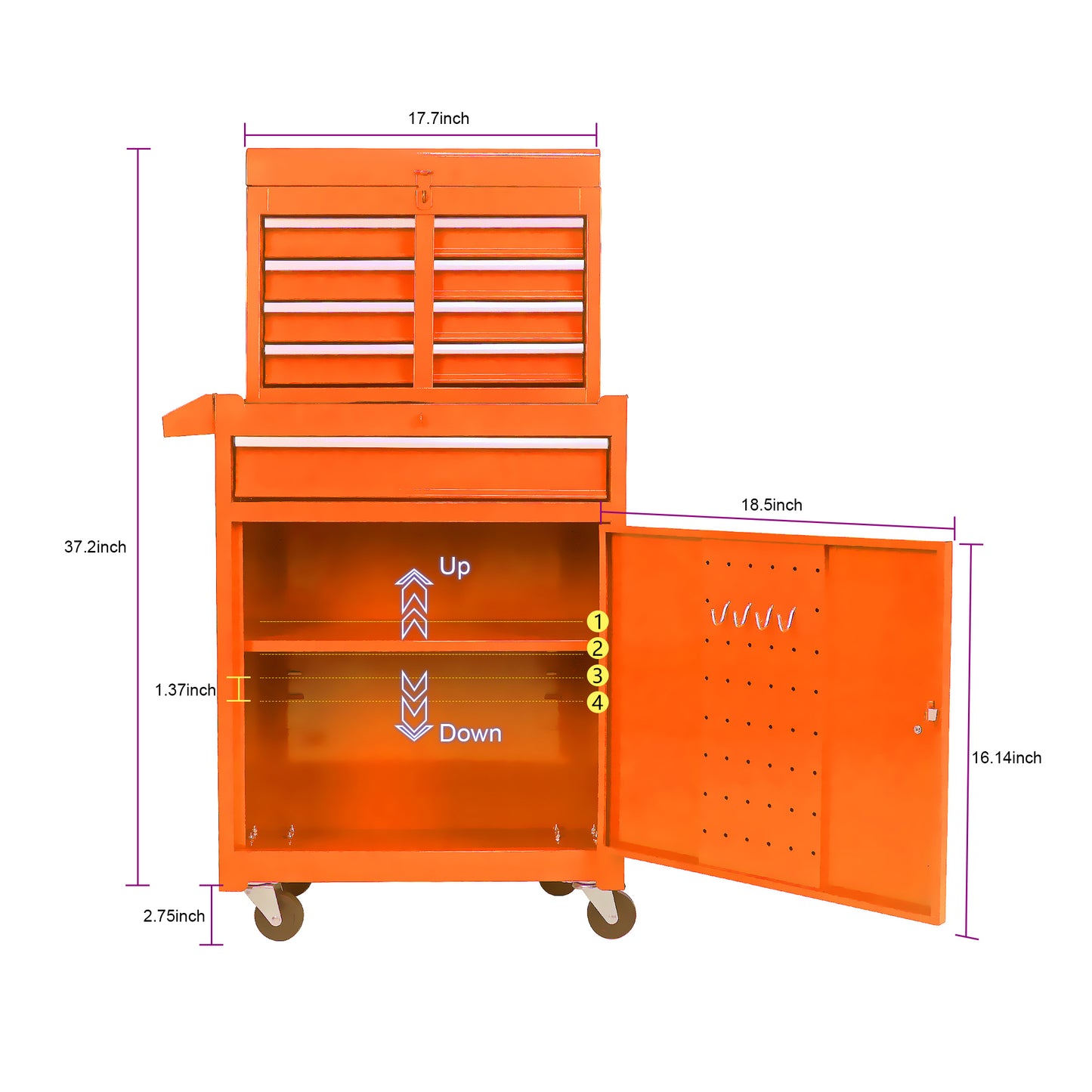 Orange Tool Chest with Detachable Drawers and Adjustable Shelf