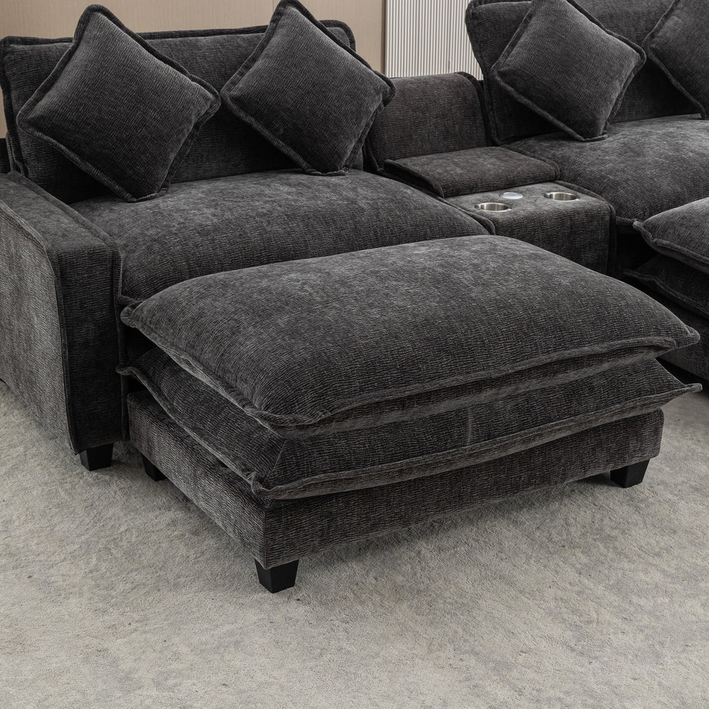 Cozy Black Chenille Sectional Sofa with Ottomans and USB Ports