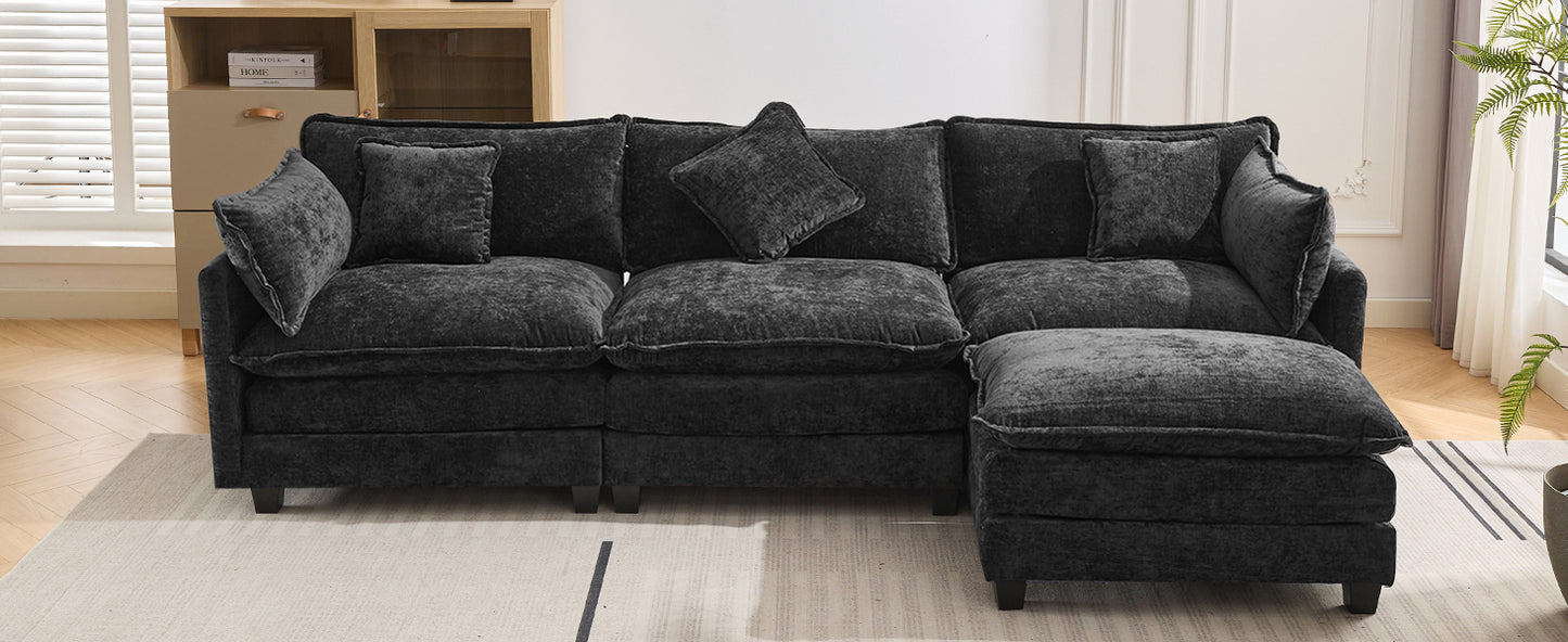 Chic L-Shape Chenille Sofa with Ottoman & Pillows