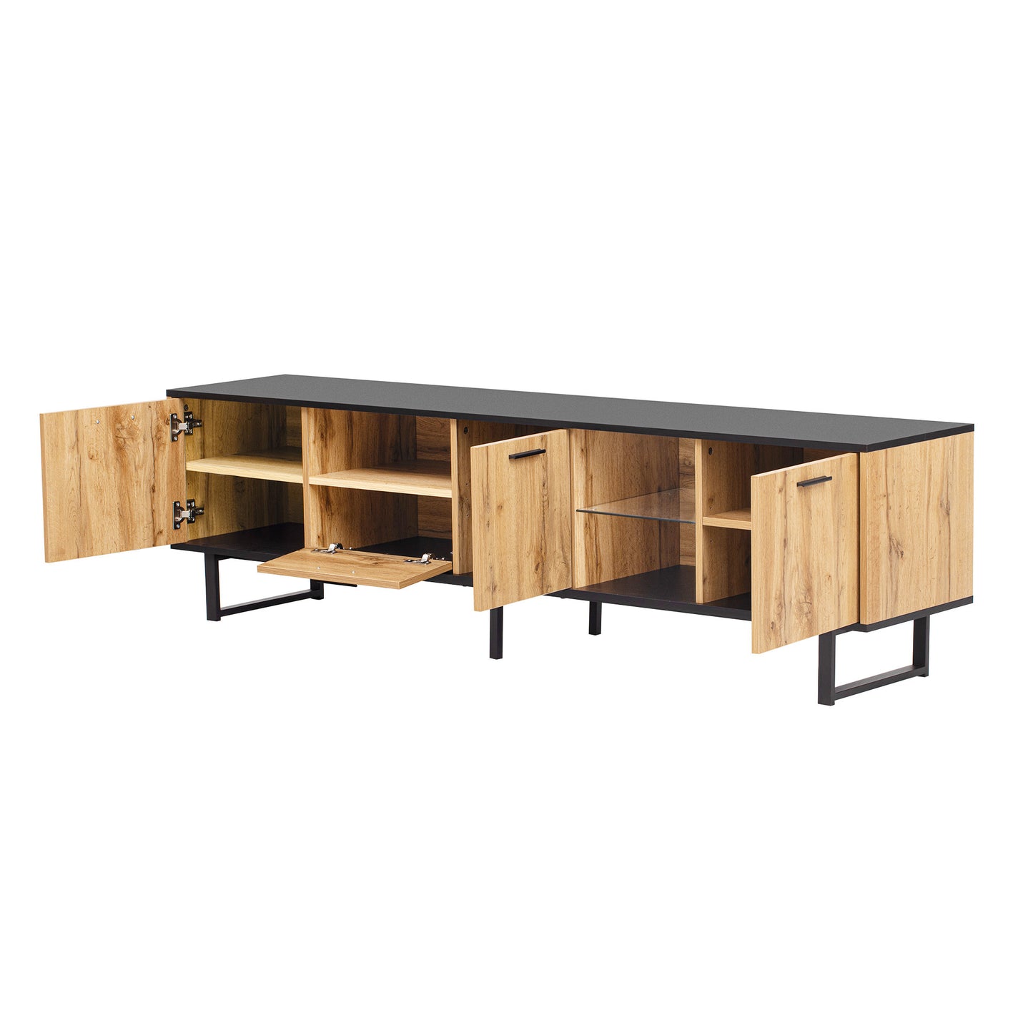 Sleek Media Console with Cabinets and Open Shelves