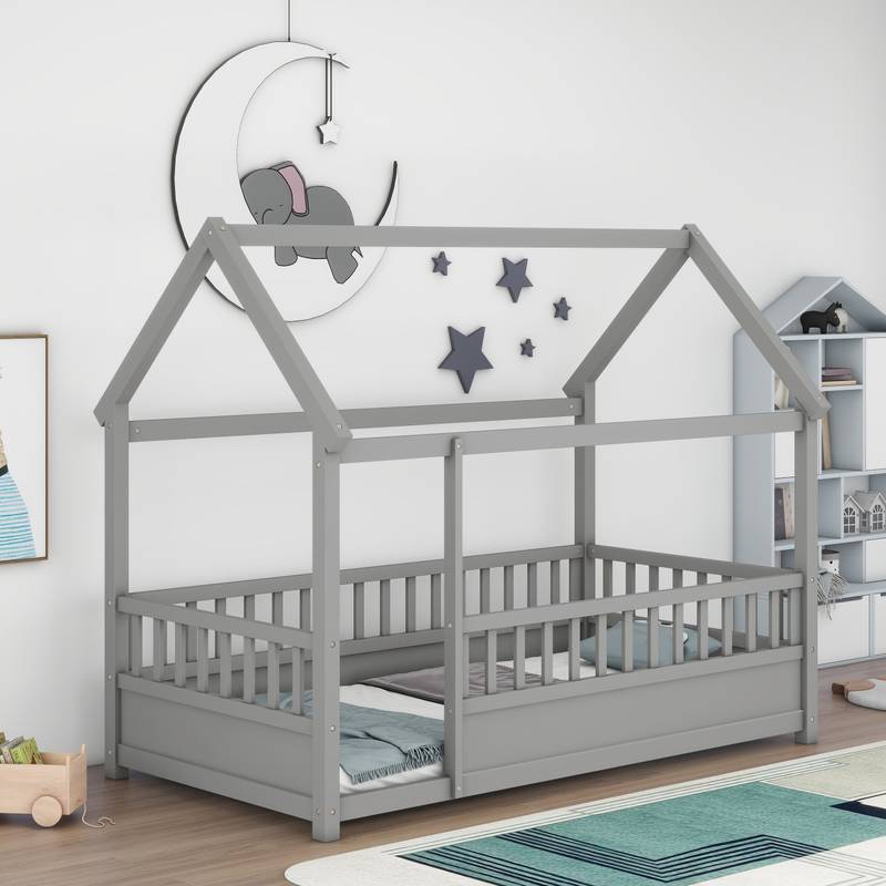 Cozy House-Style Twin Bed with Fenced Guardrails