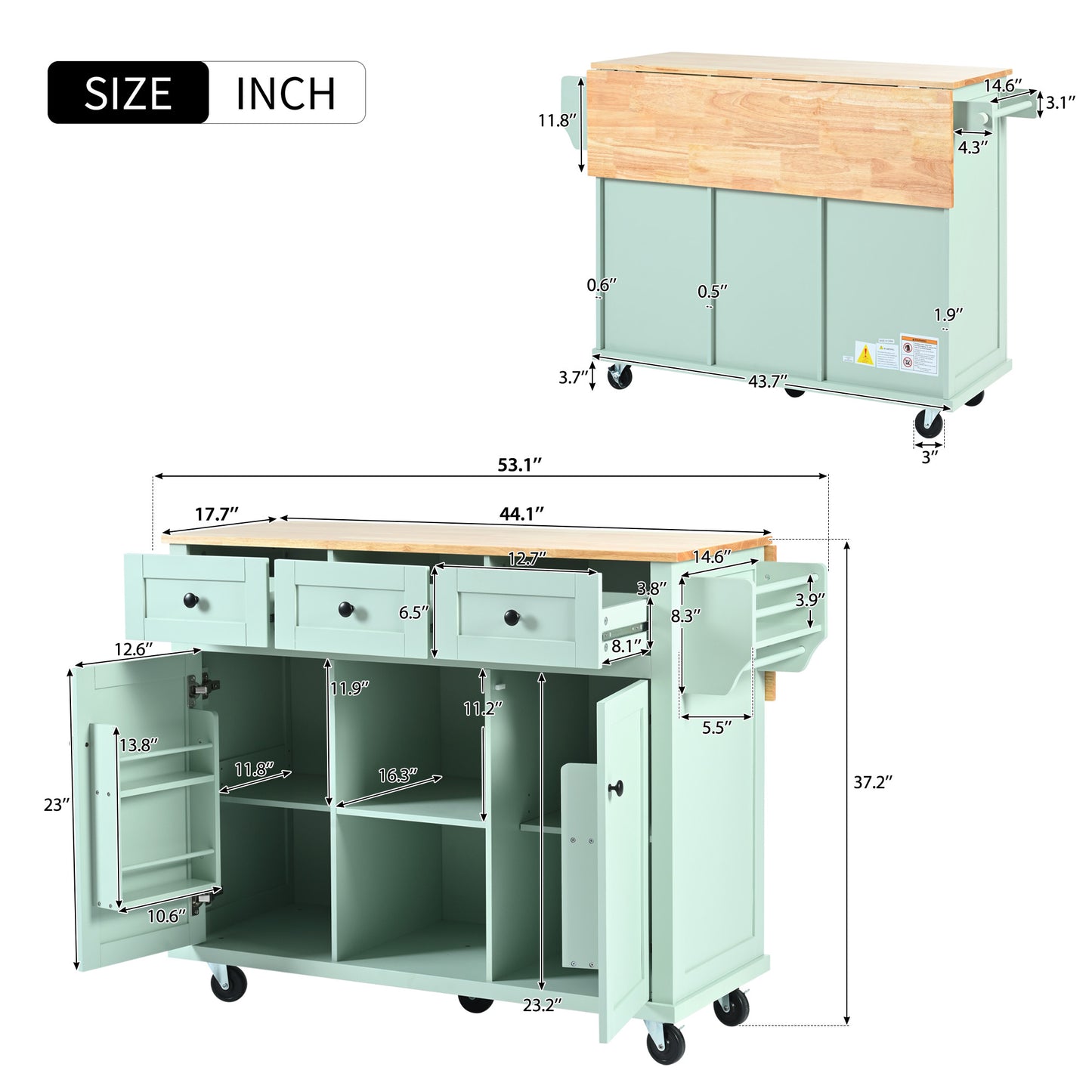 Mint Green Kitchen Island on Wheels with Drop-Leaf Countertop & Storage