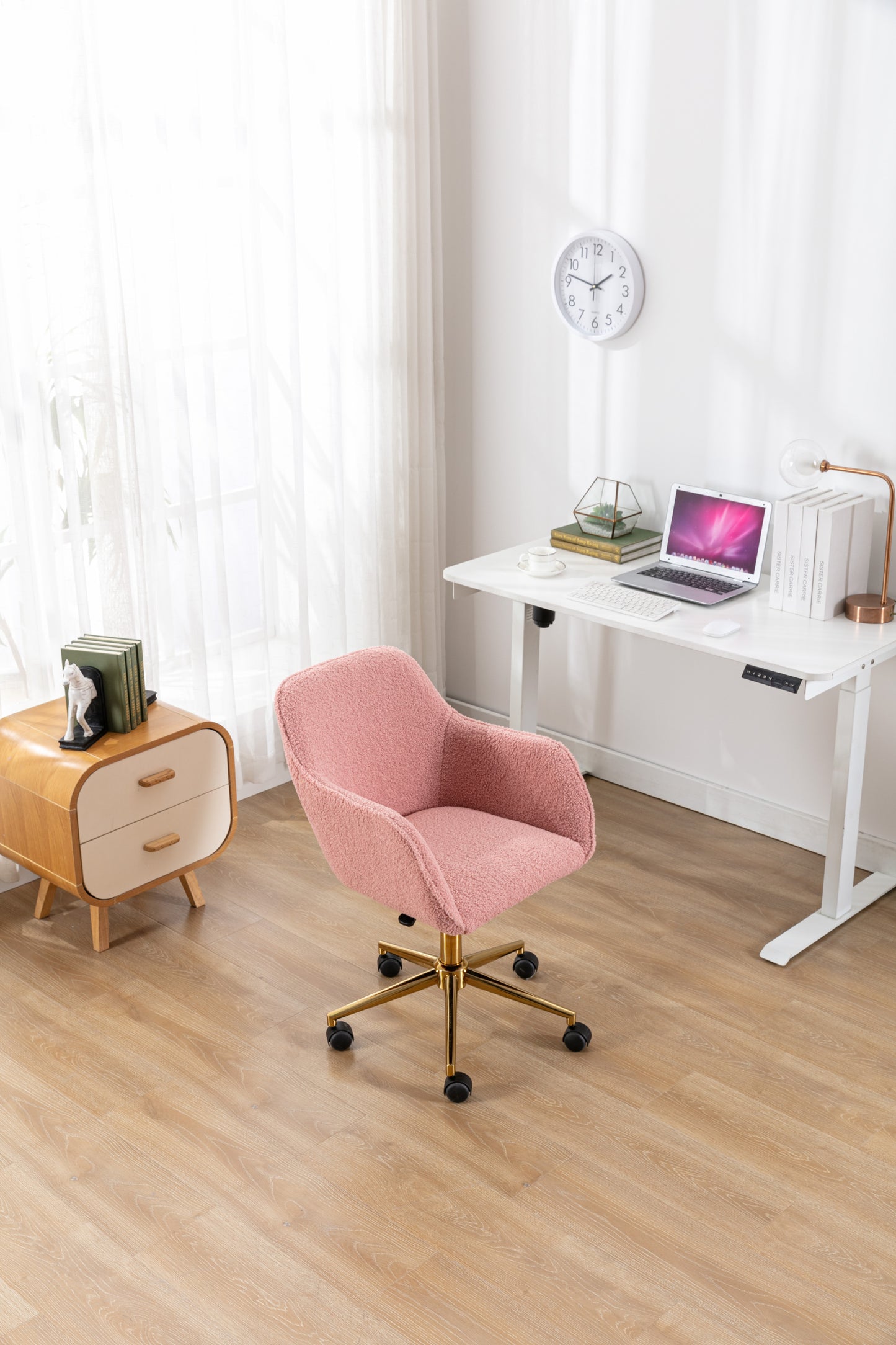 Chic Pink Teddy Swivel Chair with Gold Legs