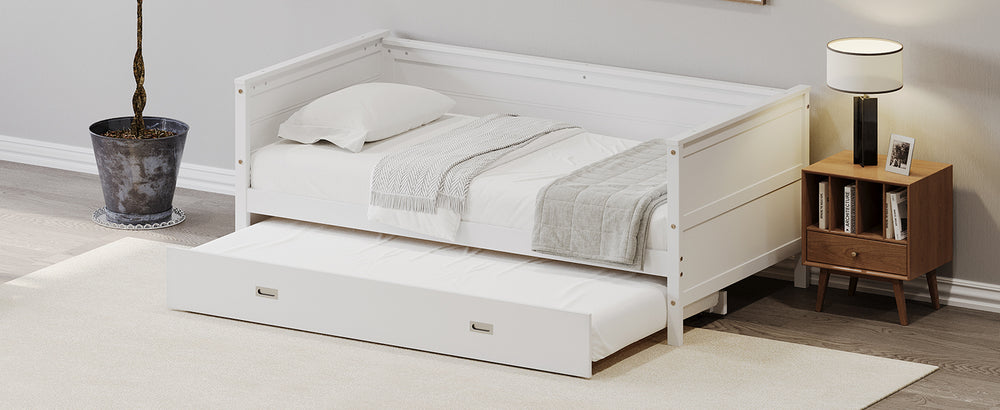 Space-Saving White Twin Daybed with Trundle for Kids & Teens