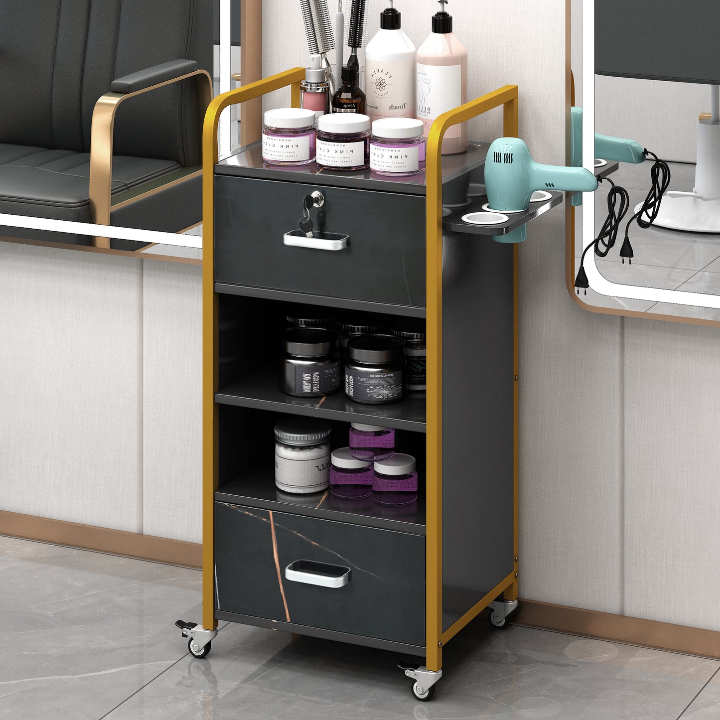 Sleek Salon Organizer with Hair Dryer Holders and Drawers