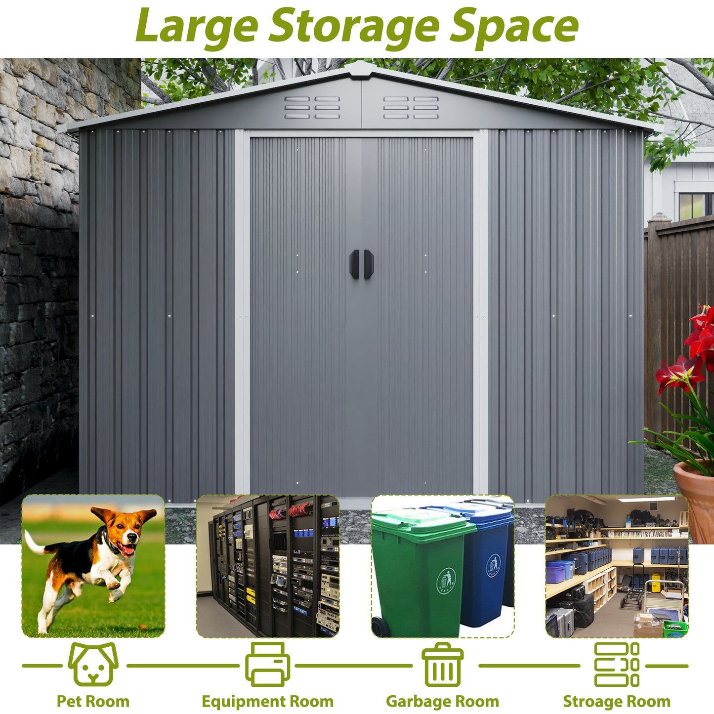 Gray Outdoor Tool Shed – Weatherproof Storage with Lockable Doors