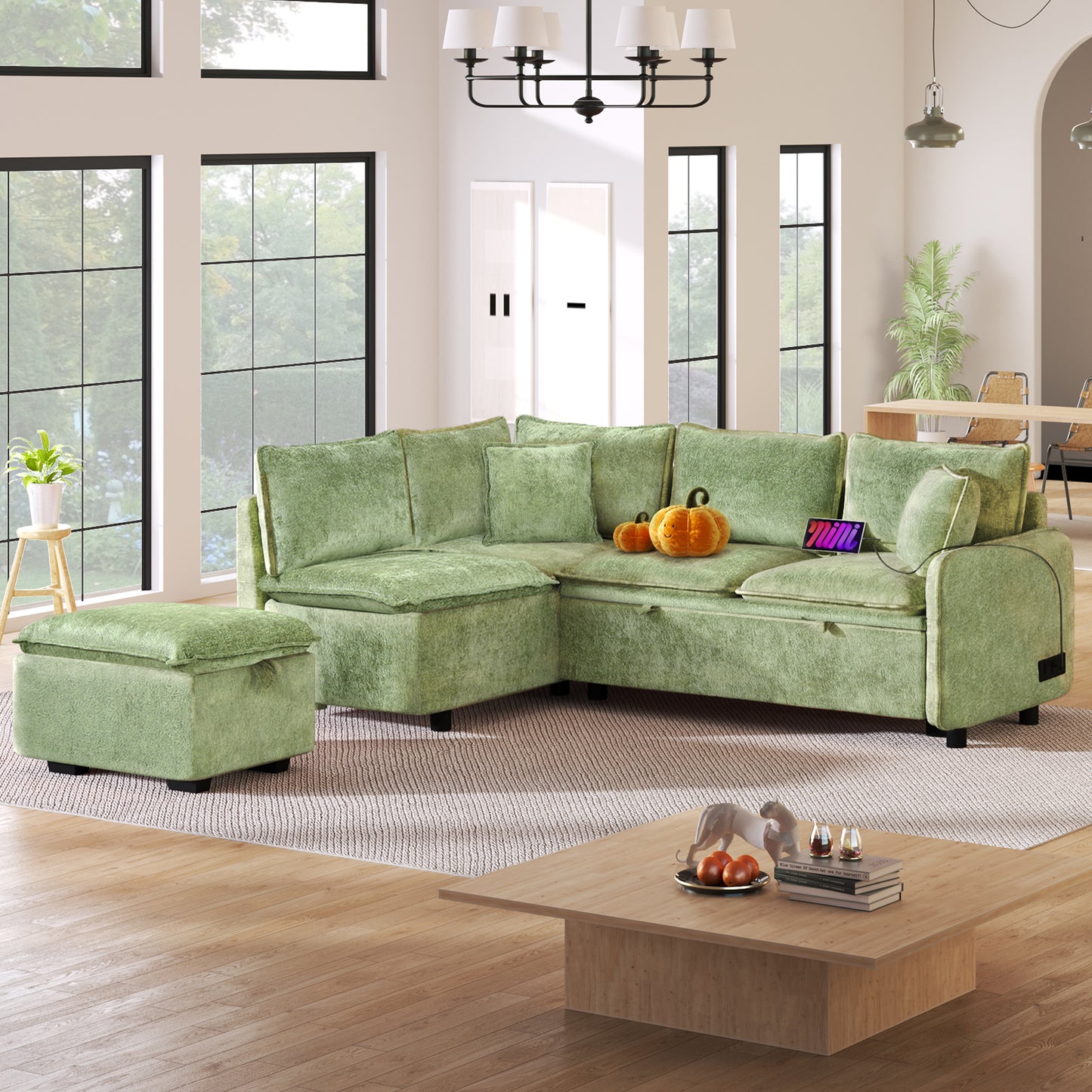 Cozy Green Convertible Sofa Bed with Storage & USB Charging