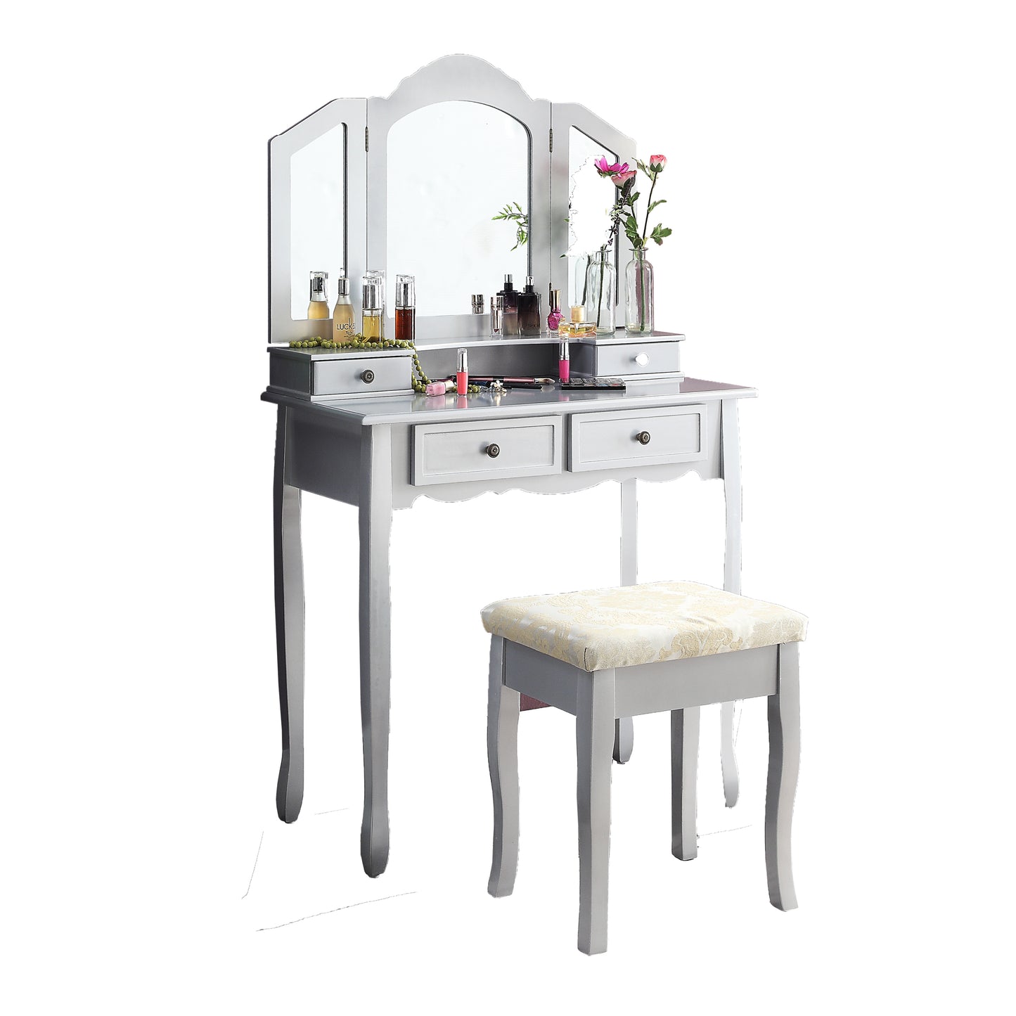 Glamour Wood Vanity Set in Silver