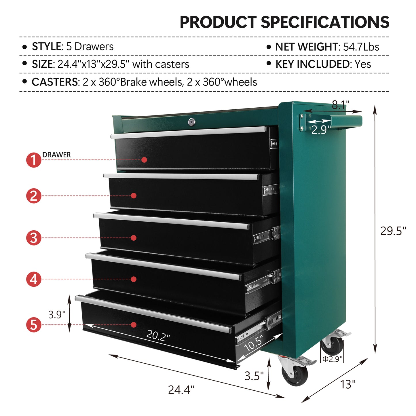 Rolling Tool Chest with Lock and Drawer Liners