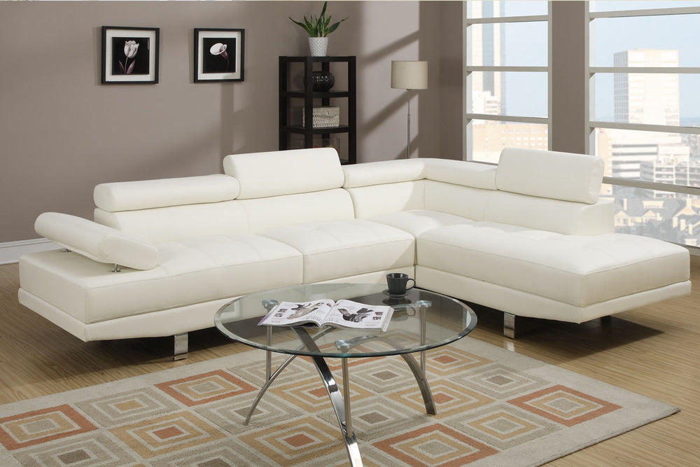 Stylish White Faux Leather Sectional Sofa with Adjustable Headrests