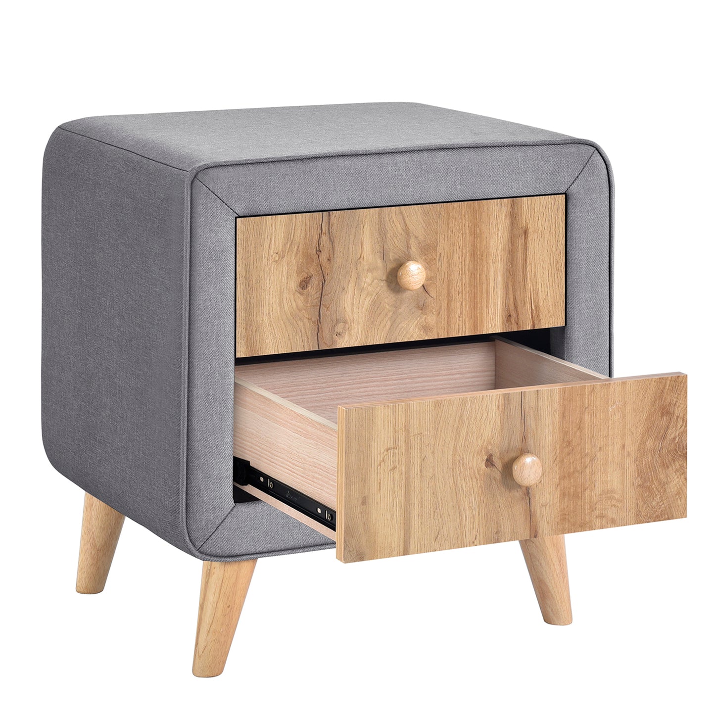 Gray Upholstered Nightstand with Drawers