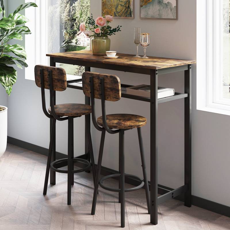 Rustic Bar Set with Stools and Backrest