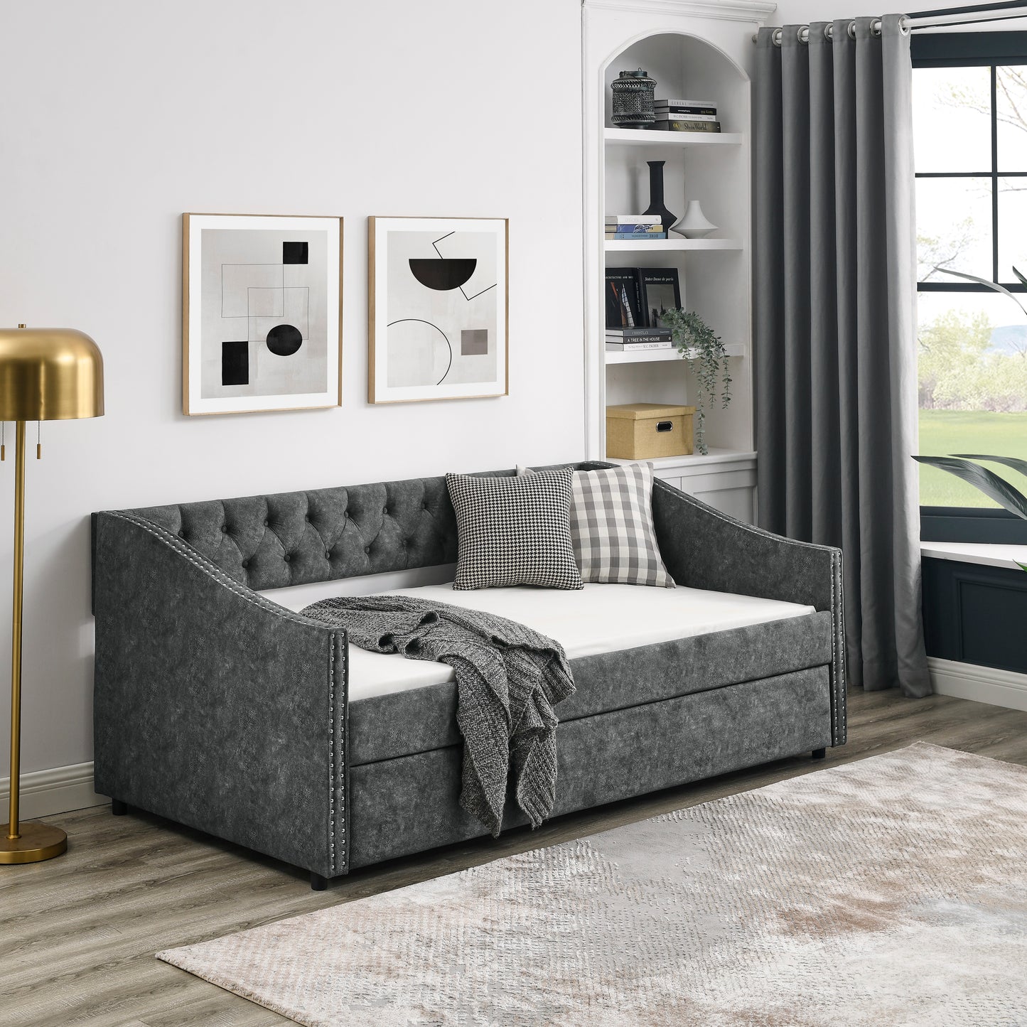 Chic Grey Daybed with Trundle & Stylish Tufted Design