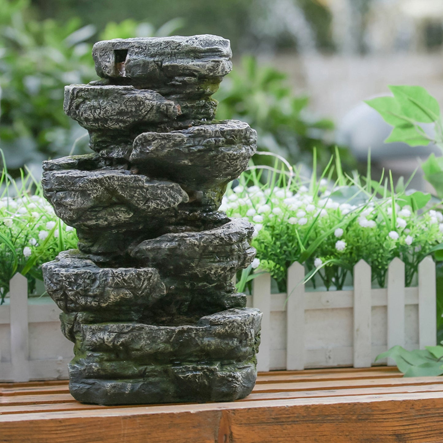 Serene Cascade: Gray Stone-Look Tabletop Fountain with LED Glow