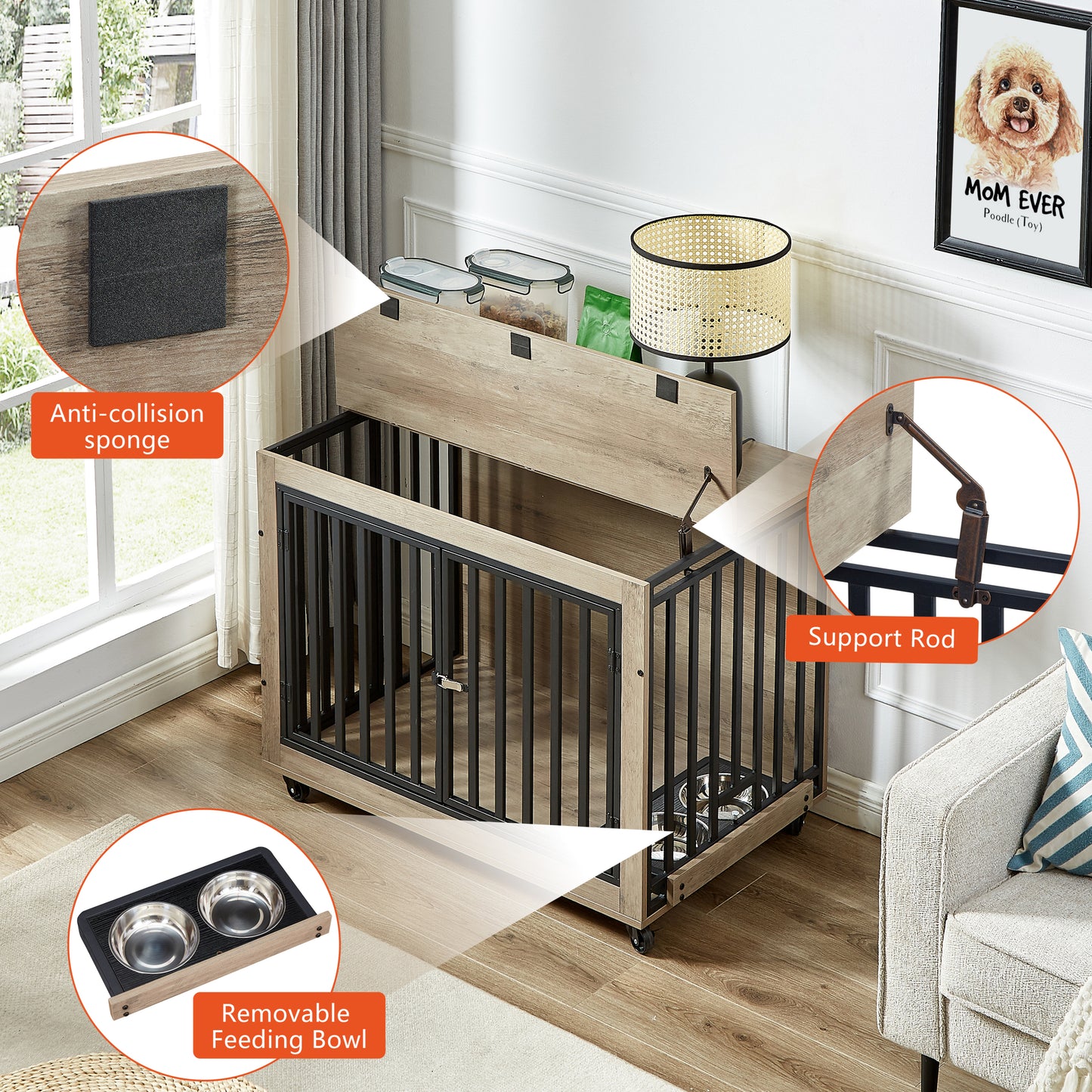 Chic Pet Crate Table with Feeding Station and Wheels