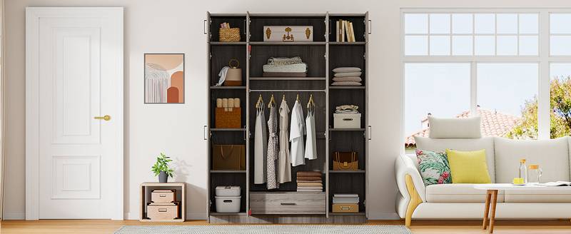 Stylish Gray Four-Door Wardrobe with Drawer and Cabinet