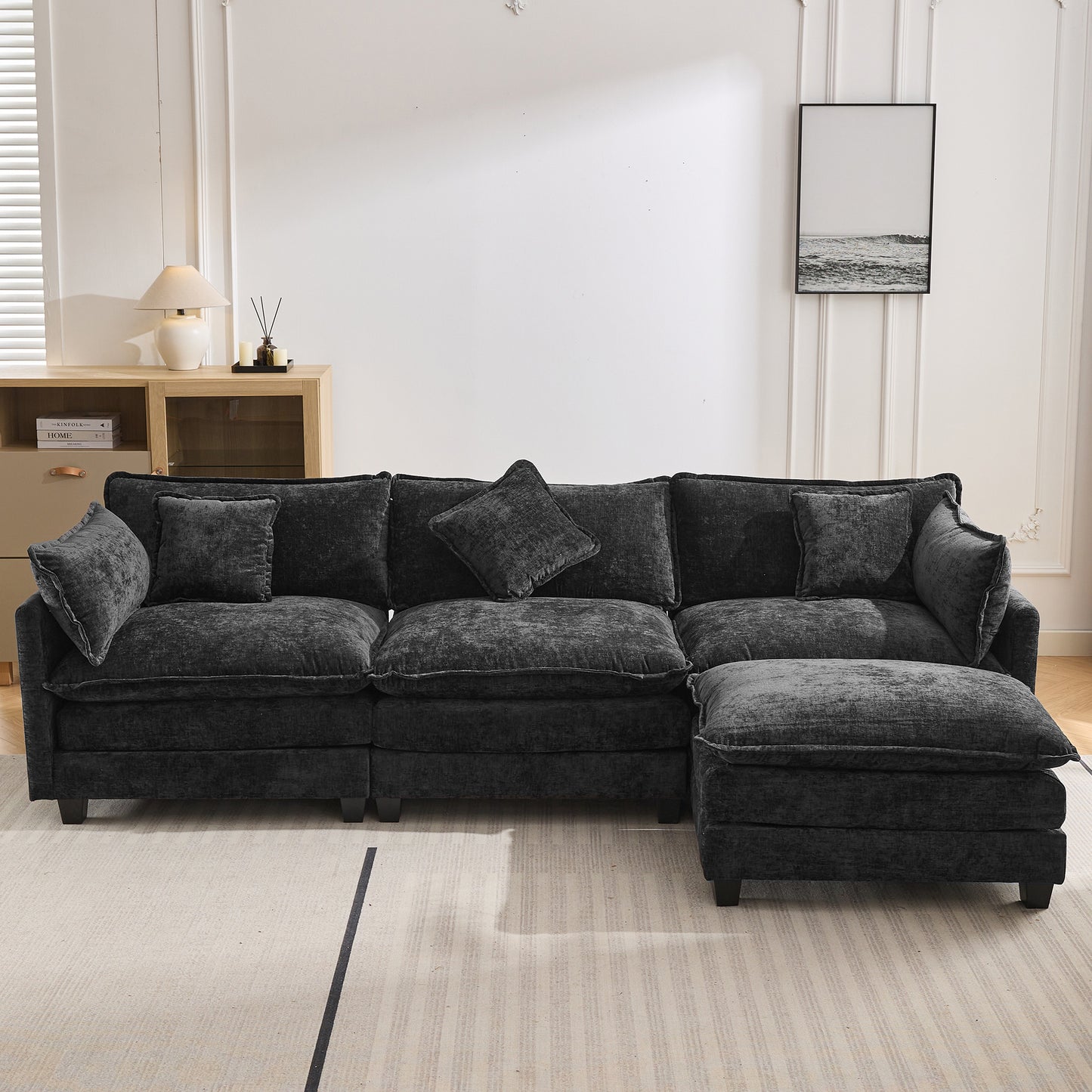 Chic L-Shape Chenille Sofa with Ottoman & Pillows