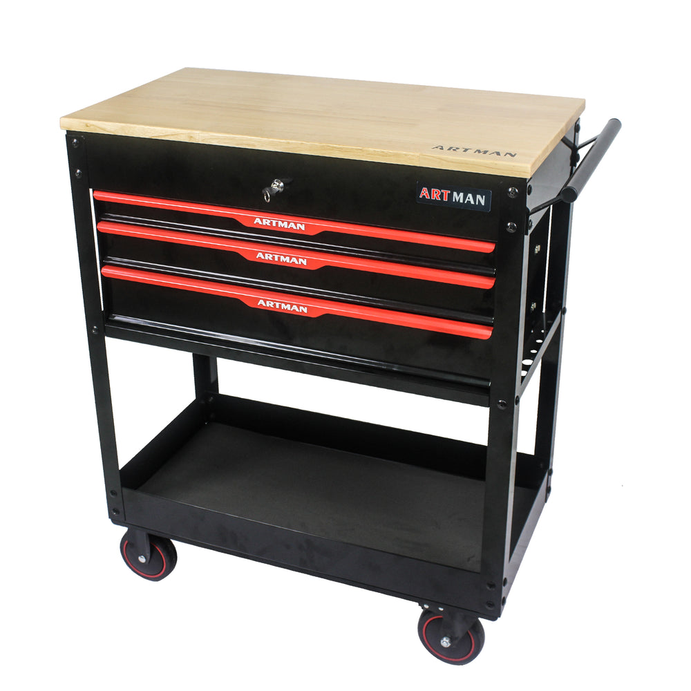 Rolling Tool Cart with Wooden Top and Storage Drawers