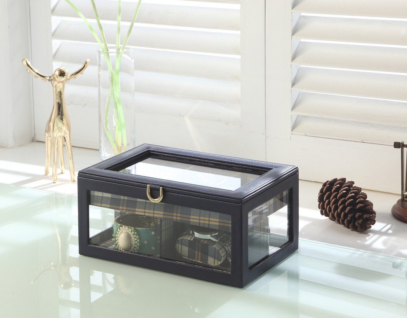 Chic Blue Glass & Leather Jewelry Box