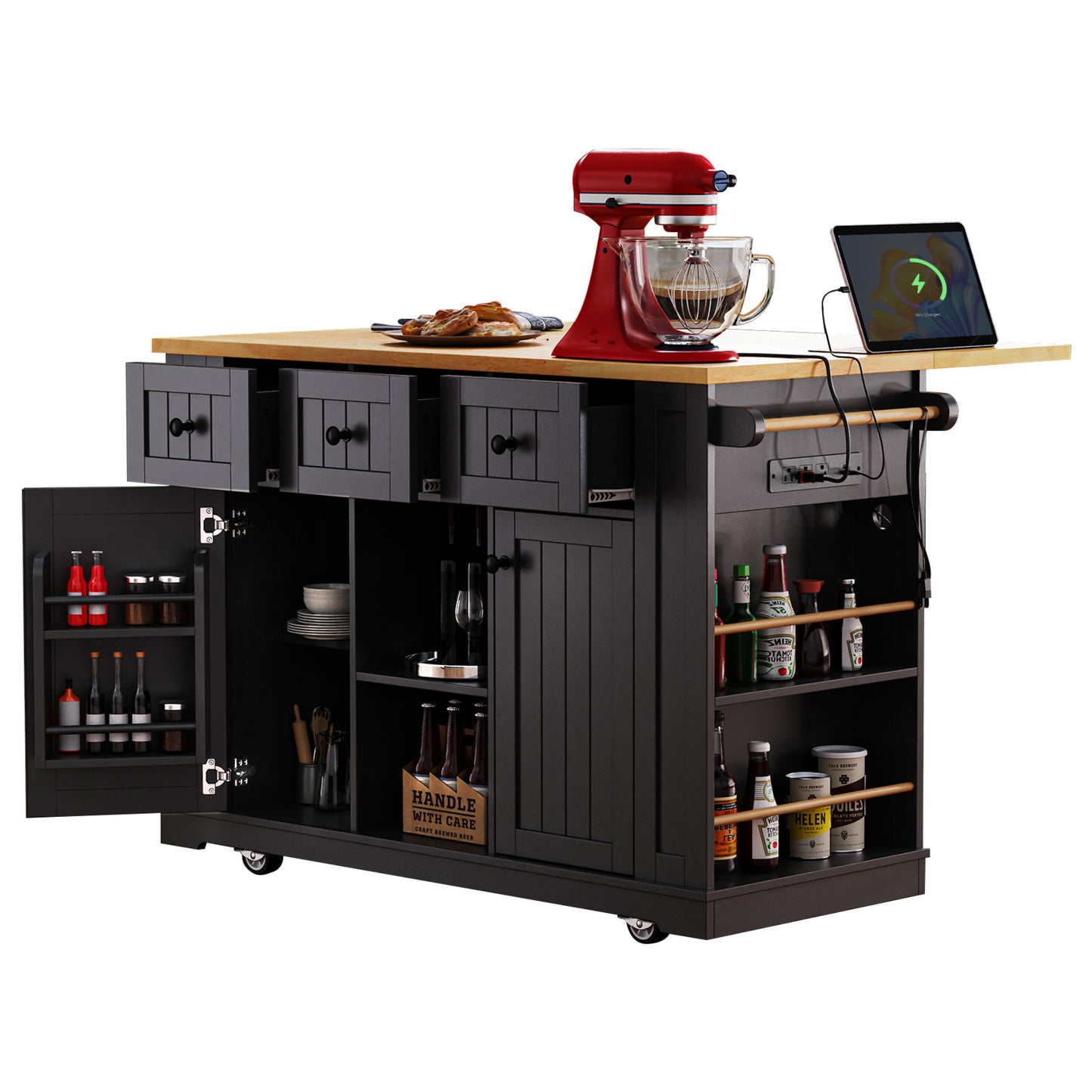 Multi-Functional Rolling Kitchen Island with Drop Leaf & Storage