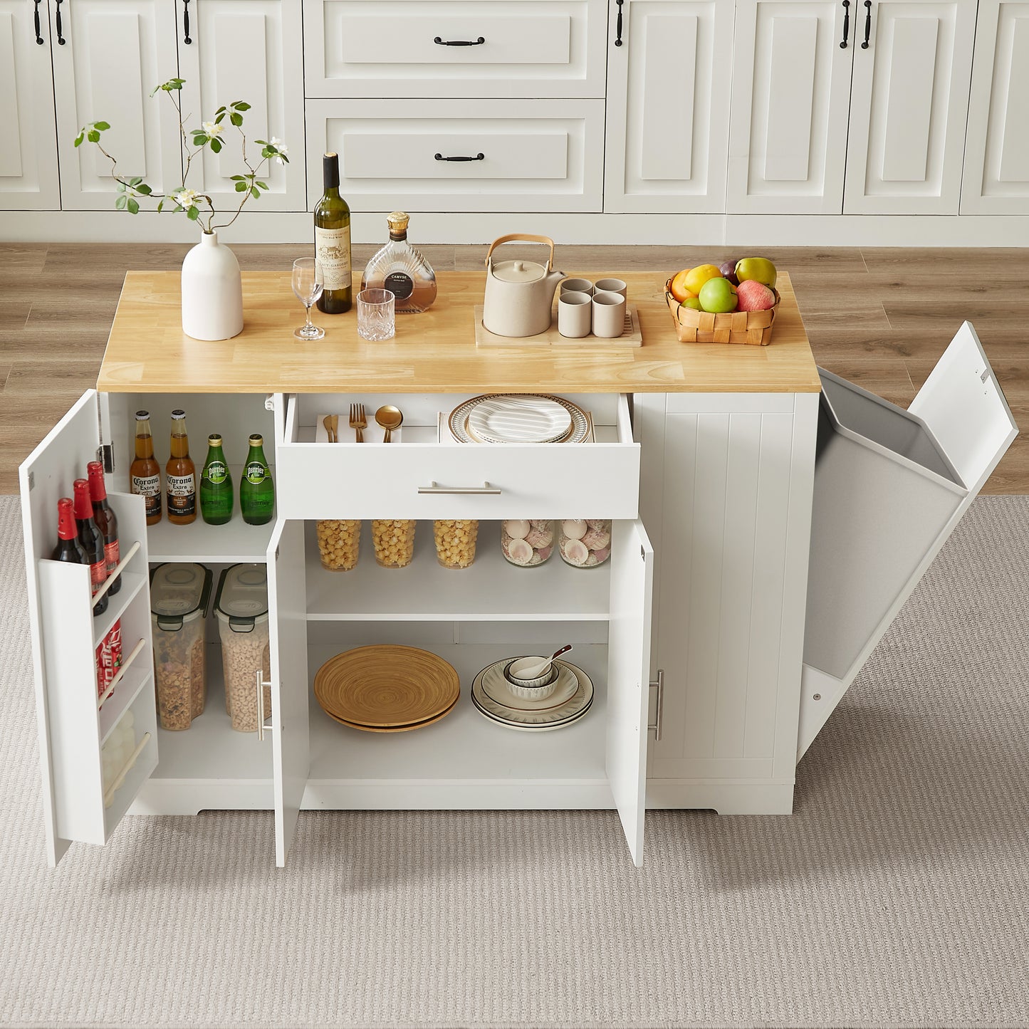 Spacious Kitchen Island with Trash Bin & Storage