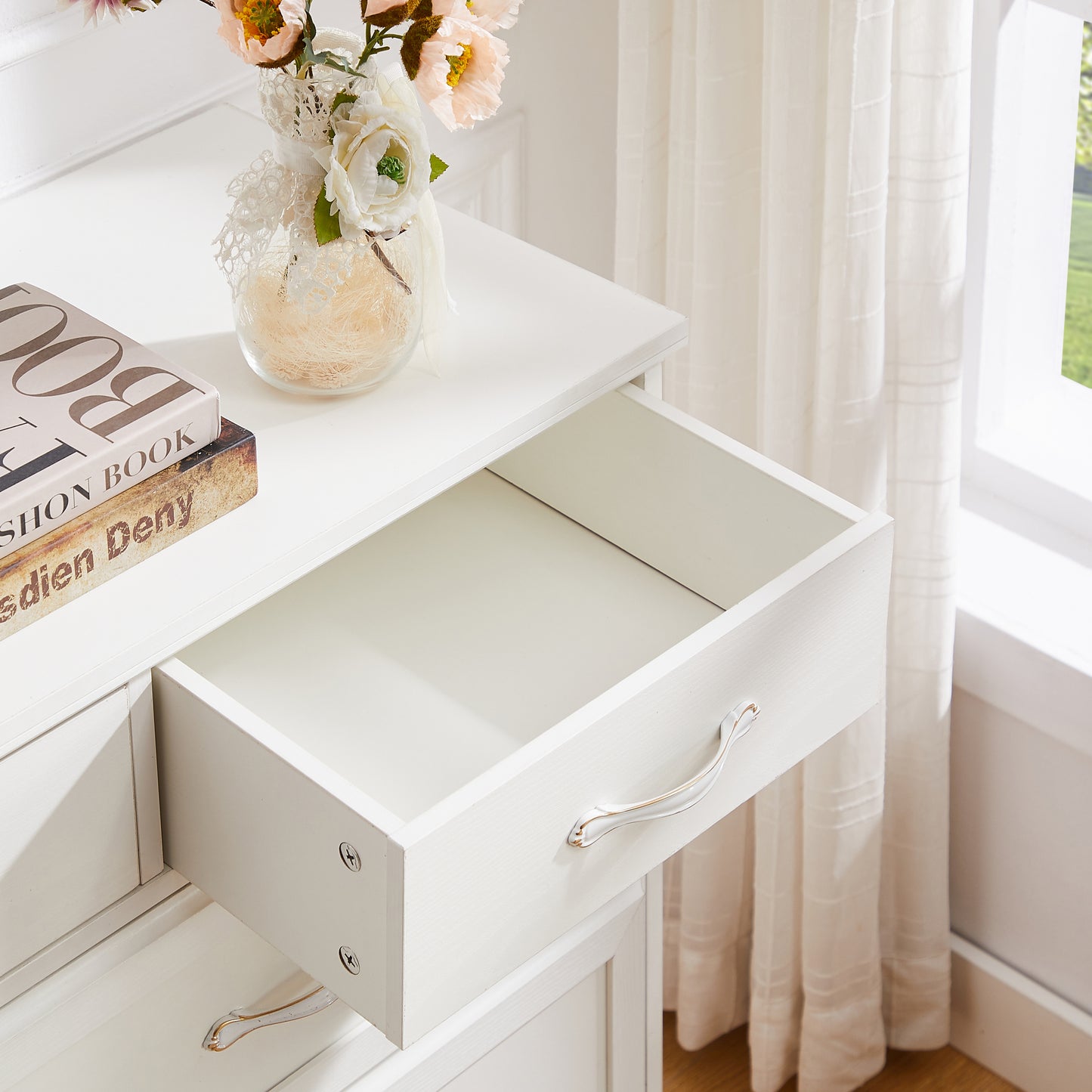 Charming White 9-Drawer Dresser with Antique Handles