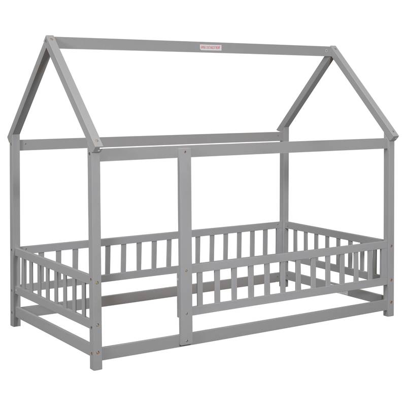 Cozy House-Style Twin Bed with Guardrails in Grey