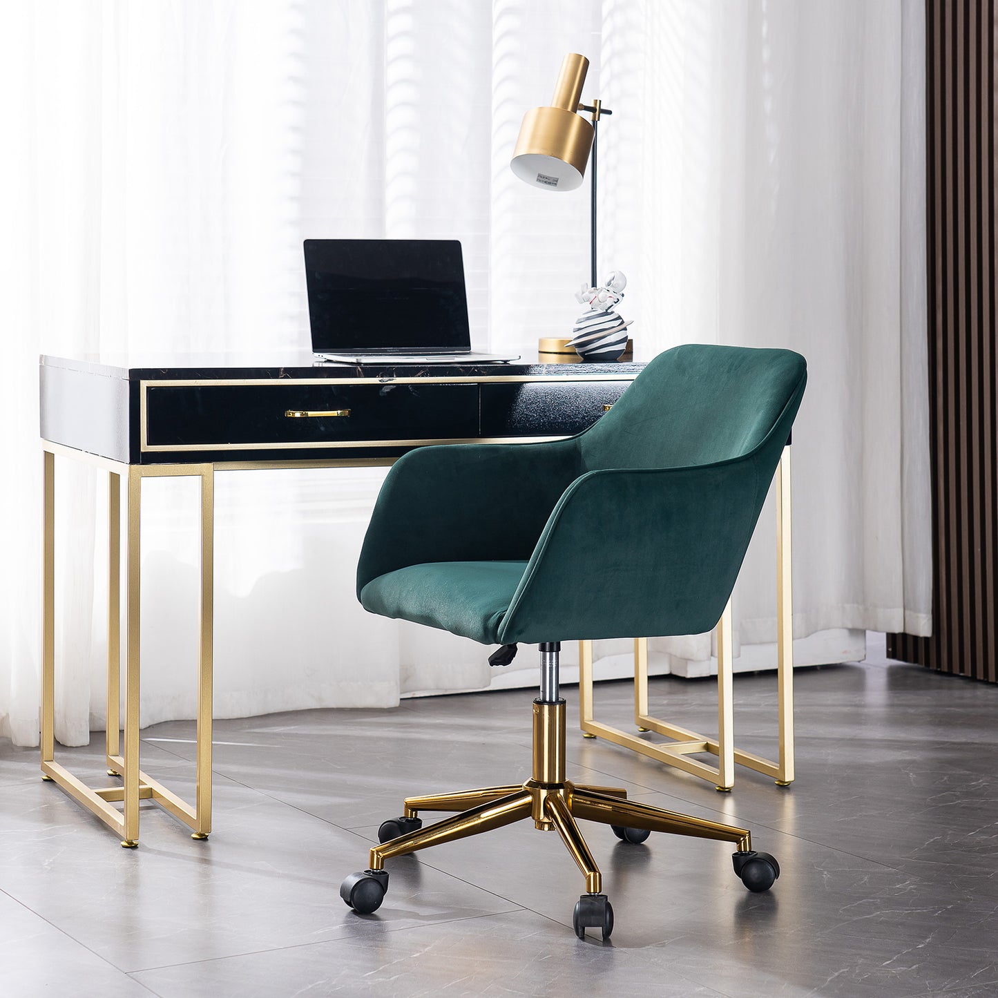 Chic Velvet Spin Chair with Gold Legs - Dark Green