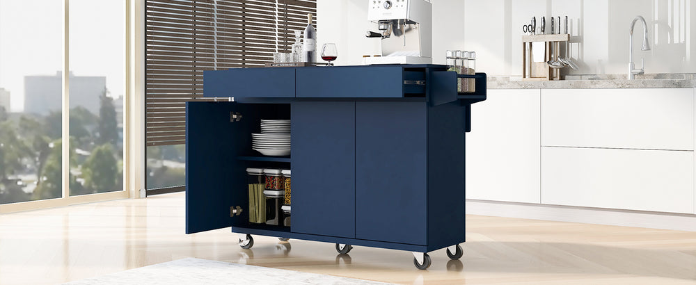 Navy Blue Rolling Kitchen Island with Drop Leaf & Storage