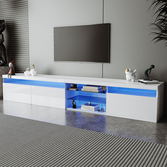 Sleek LED TV Stand with Glass Shelves and Ample Storage