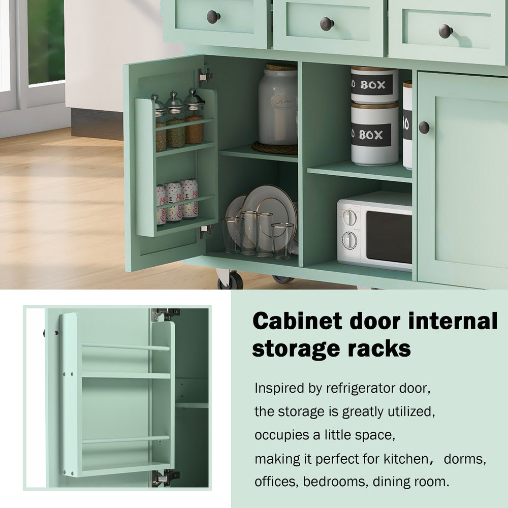 Mint Green Kitchen Island on Wheels with Drop-Leaf Countertop & Storage