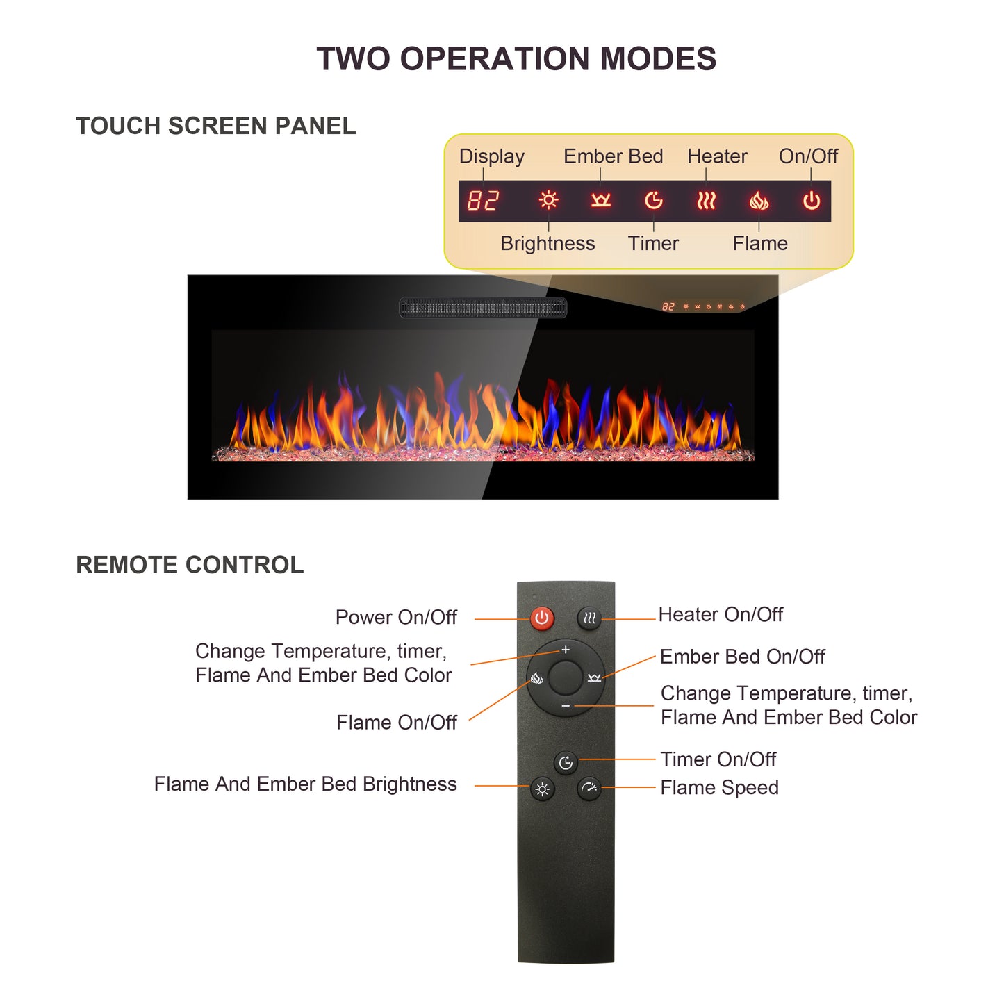 Sleek Glass Wall-Mounted Electric Fireplace with Remote & Color Flames