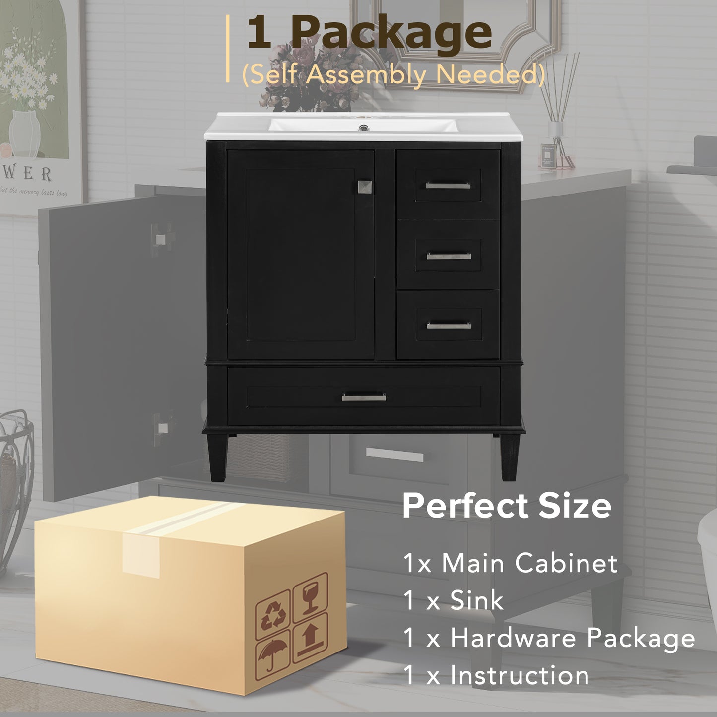 Sleek Black Bathroom Vanity with Sink and Soft-Close Storage