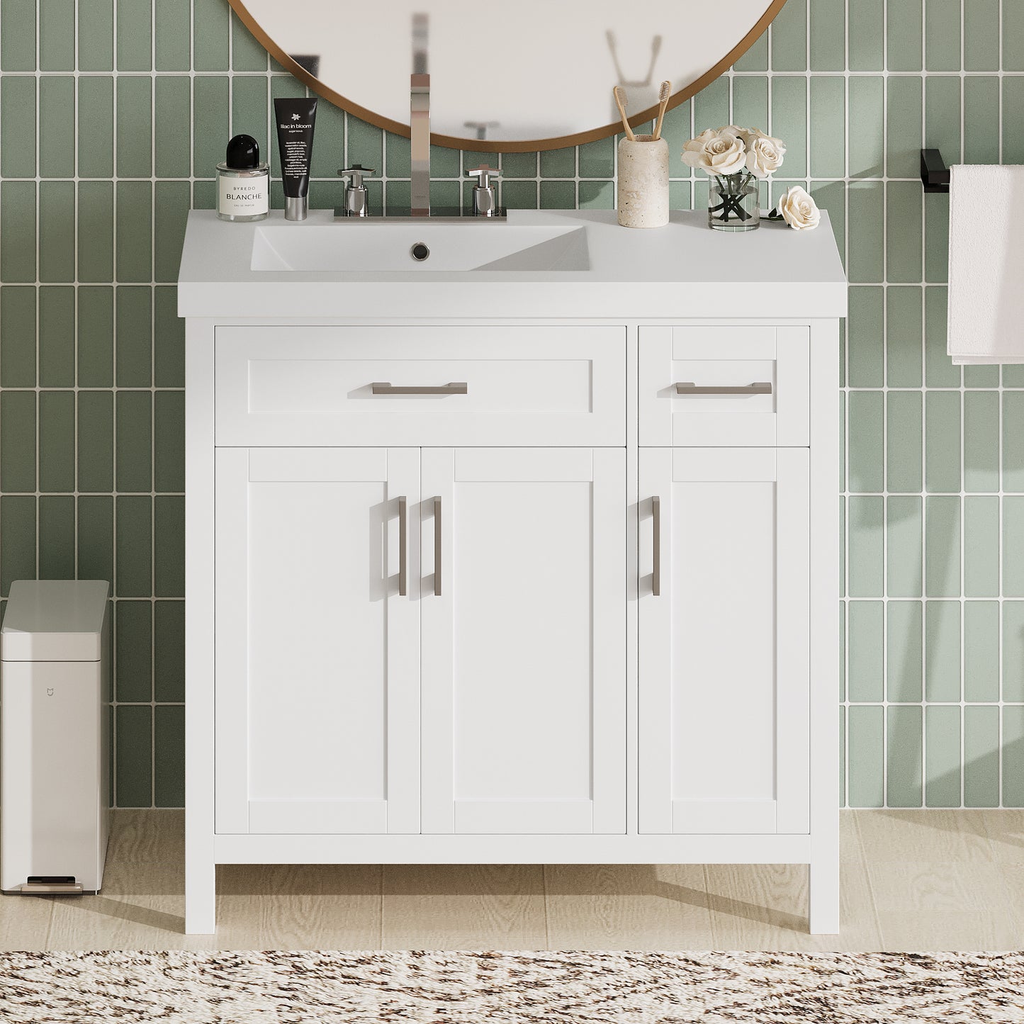 Elegant White Bathroom Vanity with Integrated Sink and Ample Storage