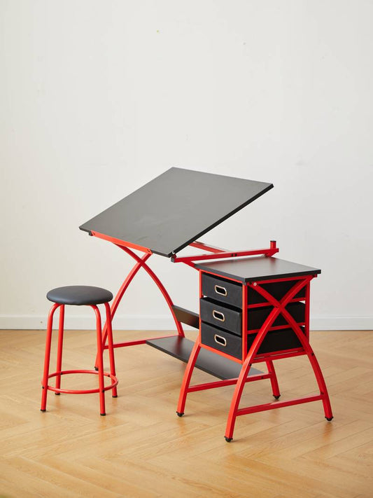 Chic Red Drafting Table Set with Stool