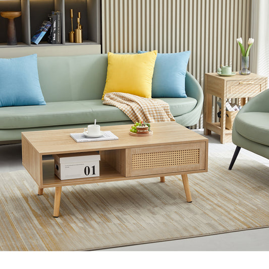 Chic Rattan Coffee Table with Hidden Storage