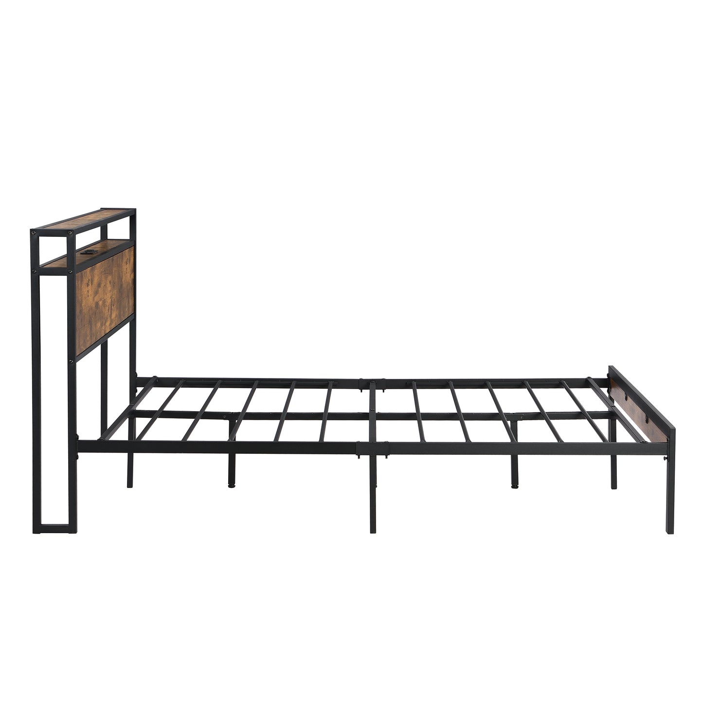 Stylish Queen Metal Bed Frame with Wooden Accents & USB Charging - No Box Spring Needed!