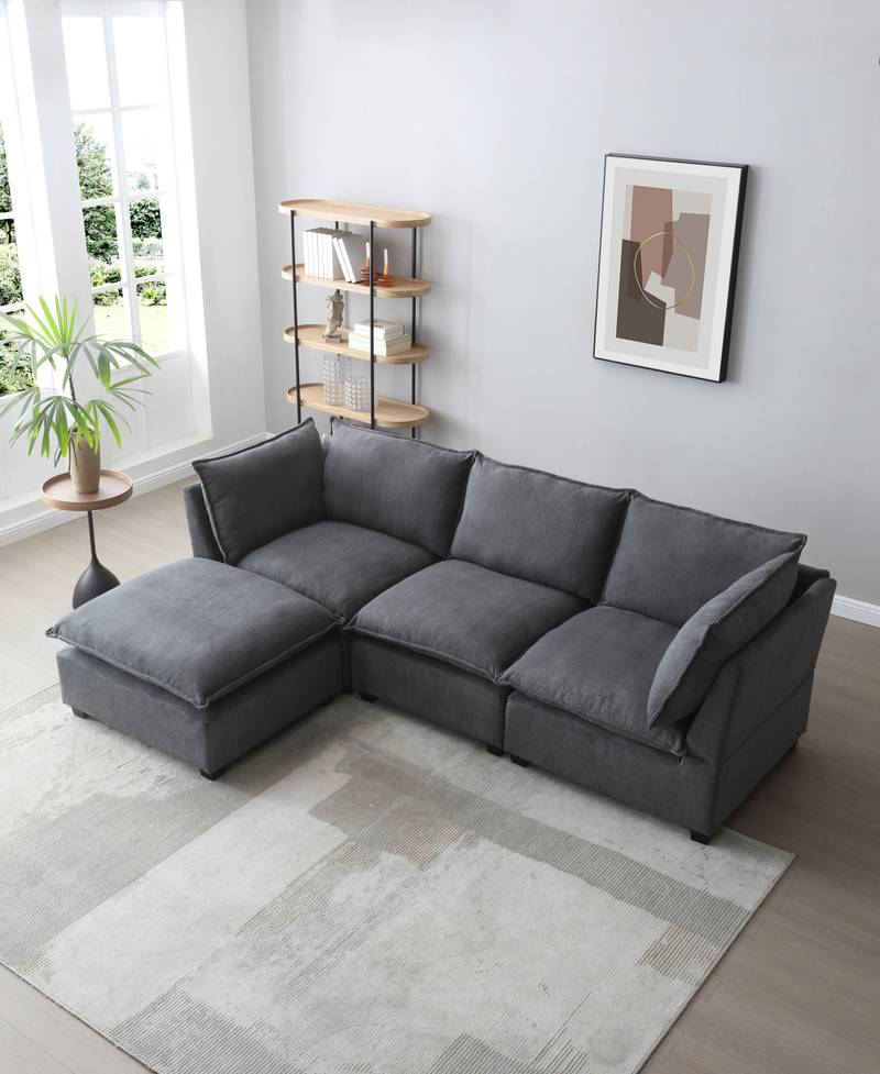 Cozy Corner Sofa Set with Ottoman - Modern L-Shaped Design in Stylish Grey