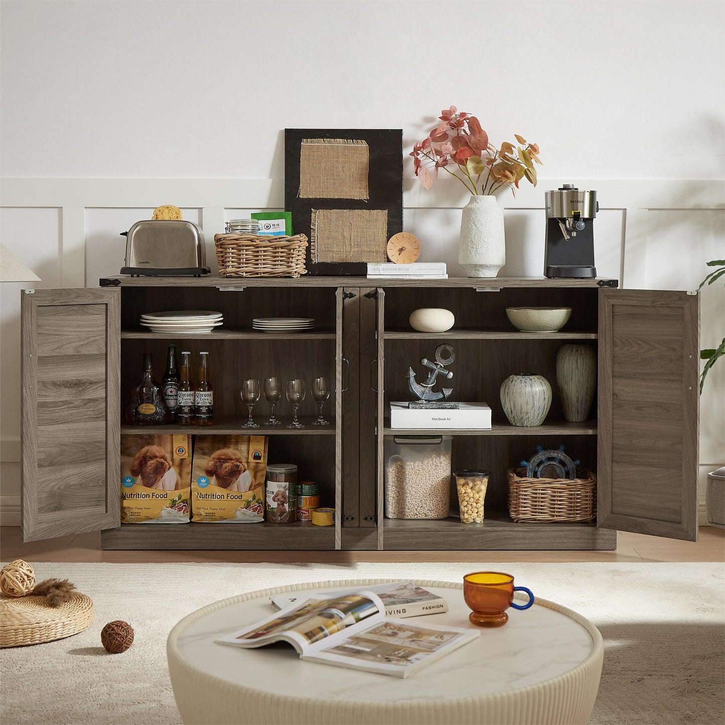 Rustic Charm Rattan Sideboard with Barn Doors