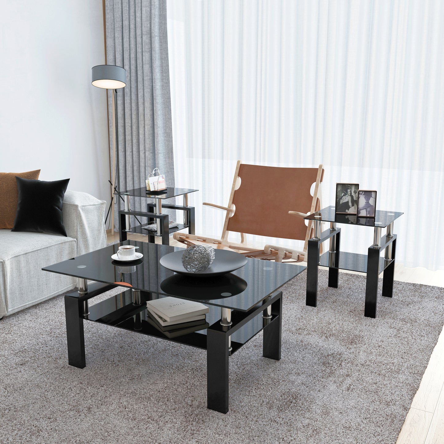 Chic Black Glass Square Tables - Perfect for Your Living Room!