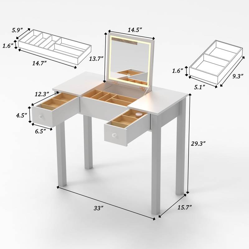 Glamorous Glow Vanity with Flip Mirror & Jewelry Storage
