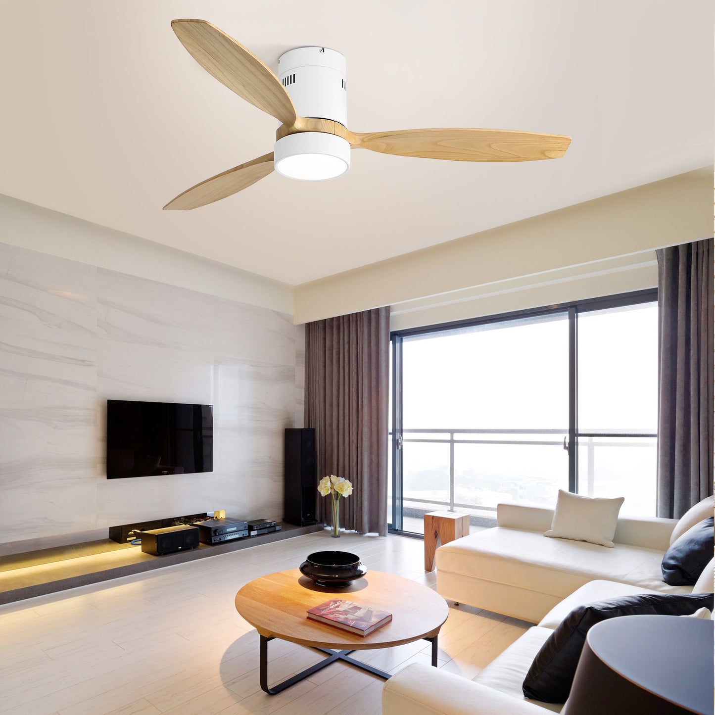 WhisperWind Flush Mount Ceiling Fan with Wood Blades and Remote Light