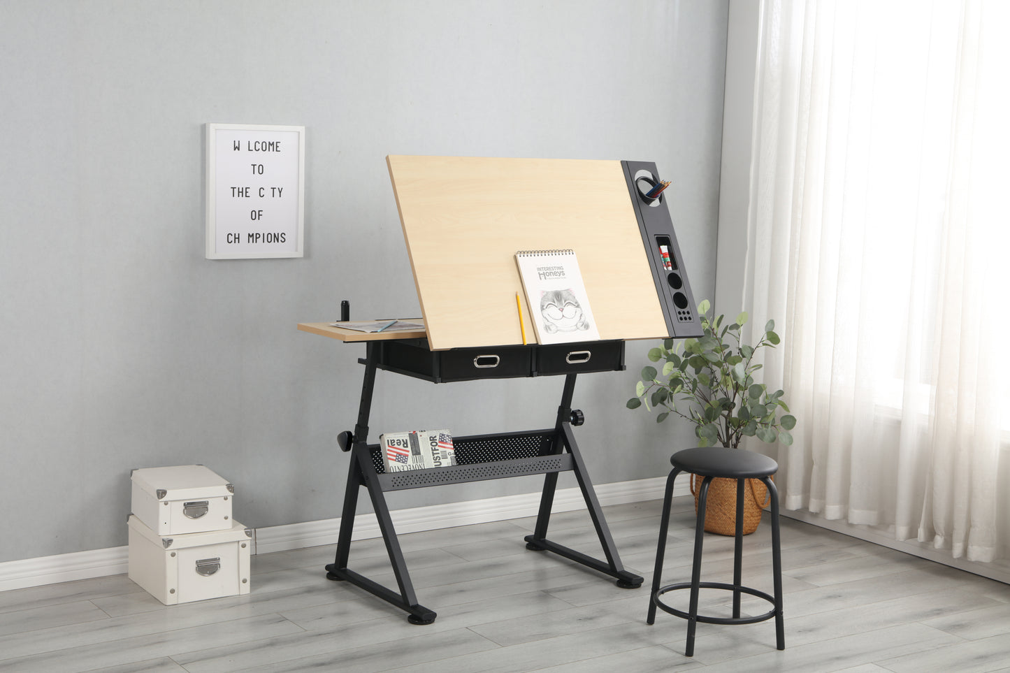 Versatile Drawing Desk with Storage and Stool