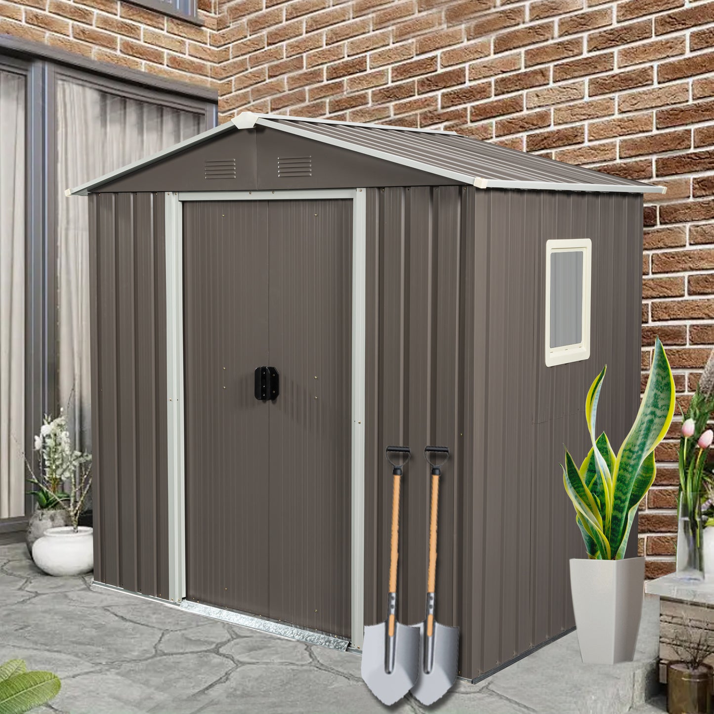 “Spacious Gray Metal Outdoor Shed with Window”