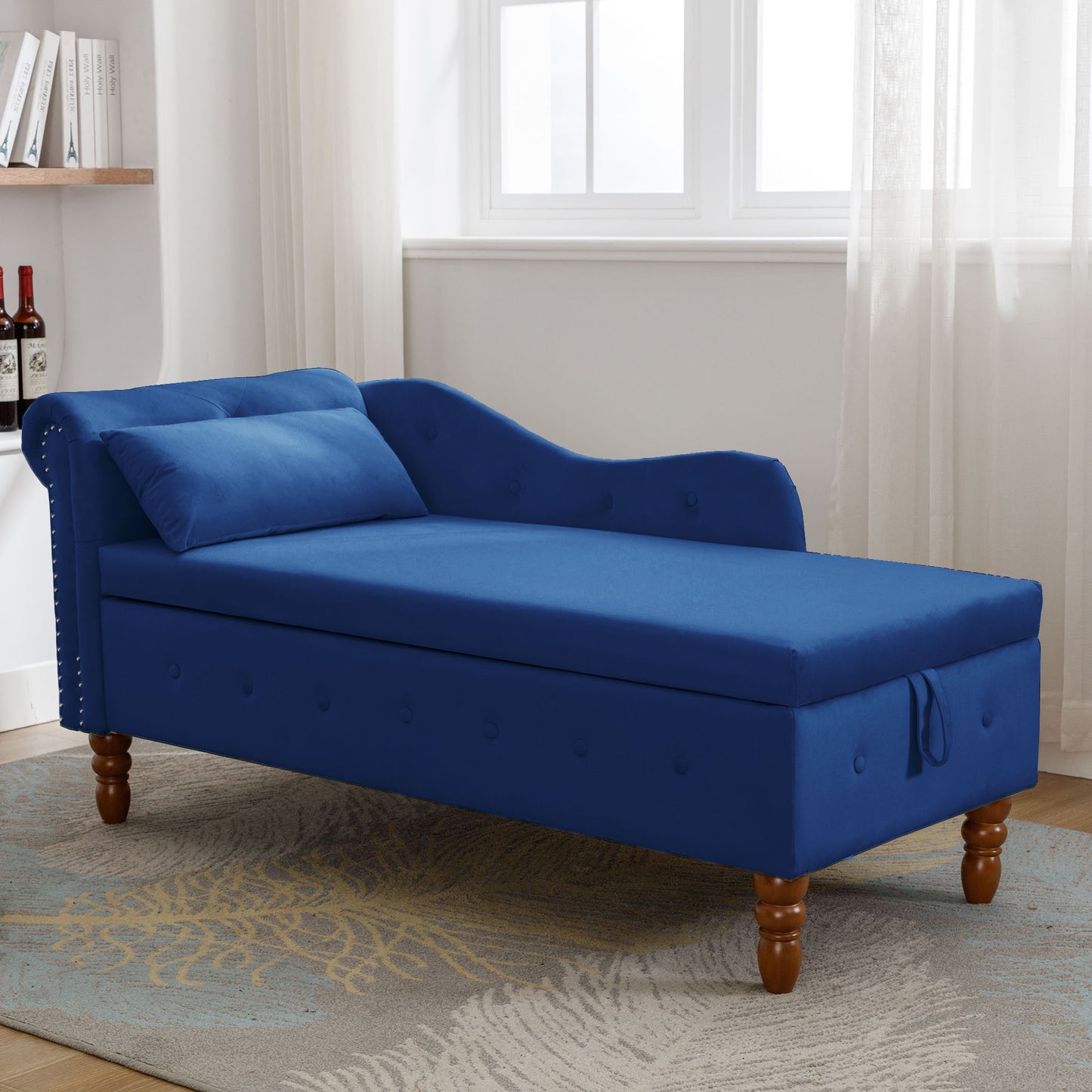 Velvet Navy Lounge Chair with Storage & Pillow