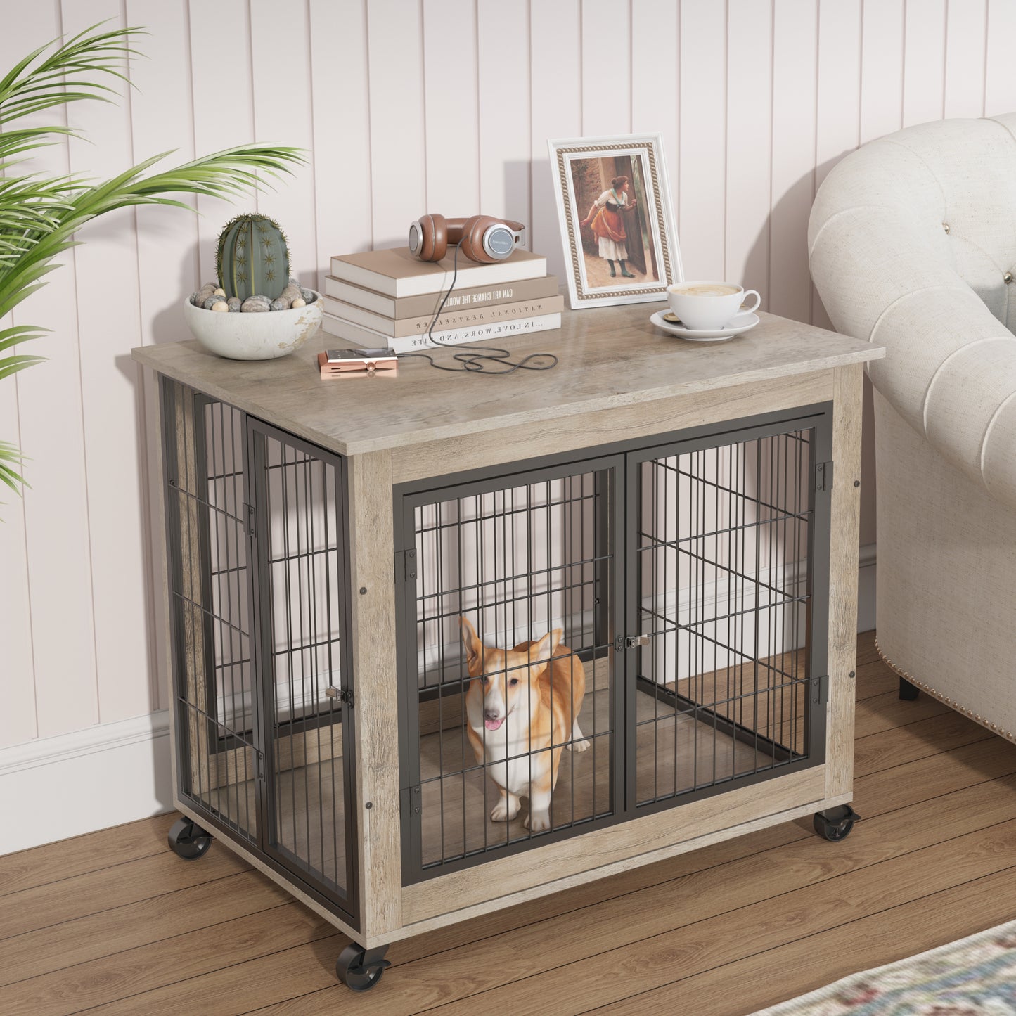 Stylish Rolling Dog Crate with Double Doors