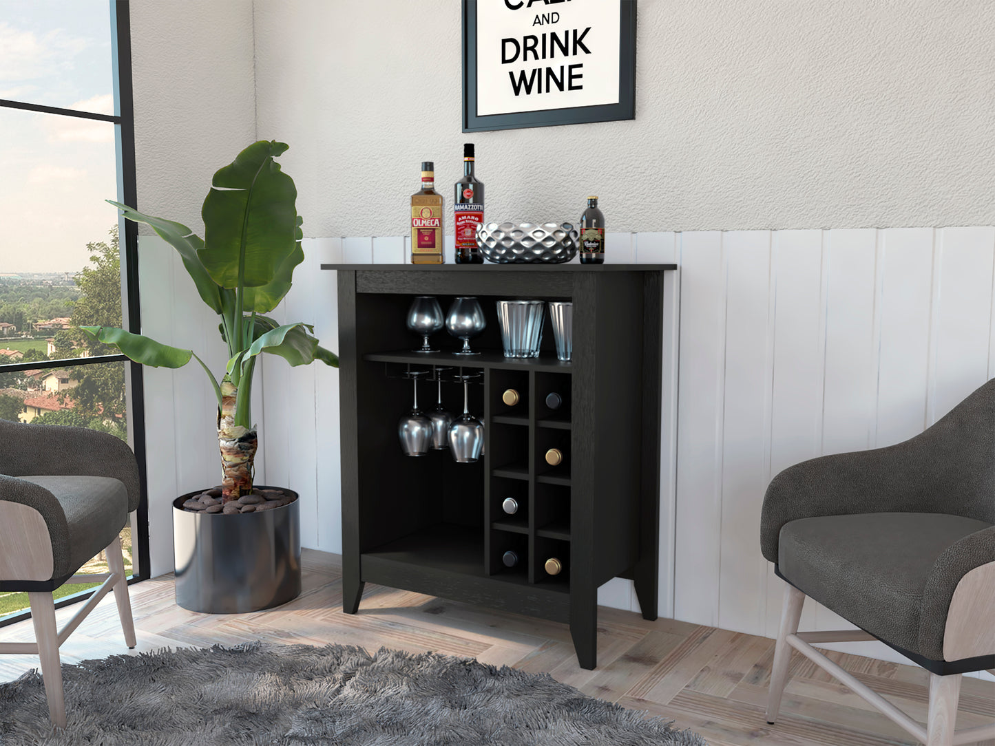 Sleek Black Bar Cabinet with Bottle Storage