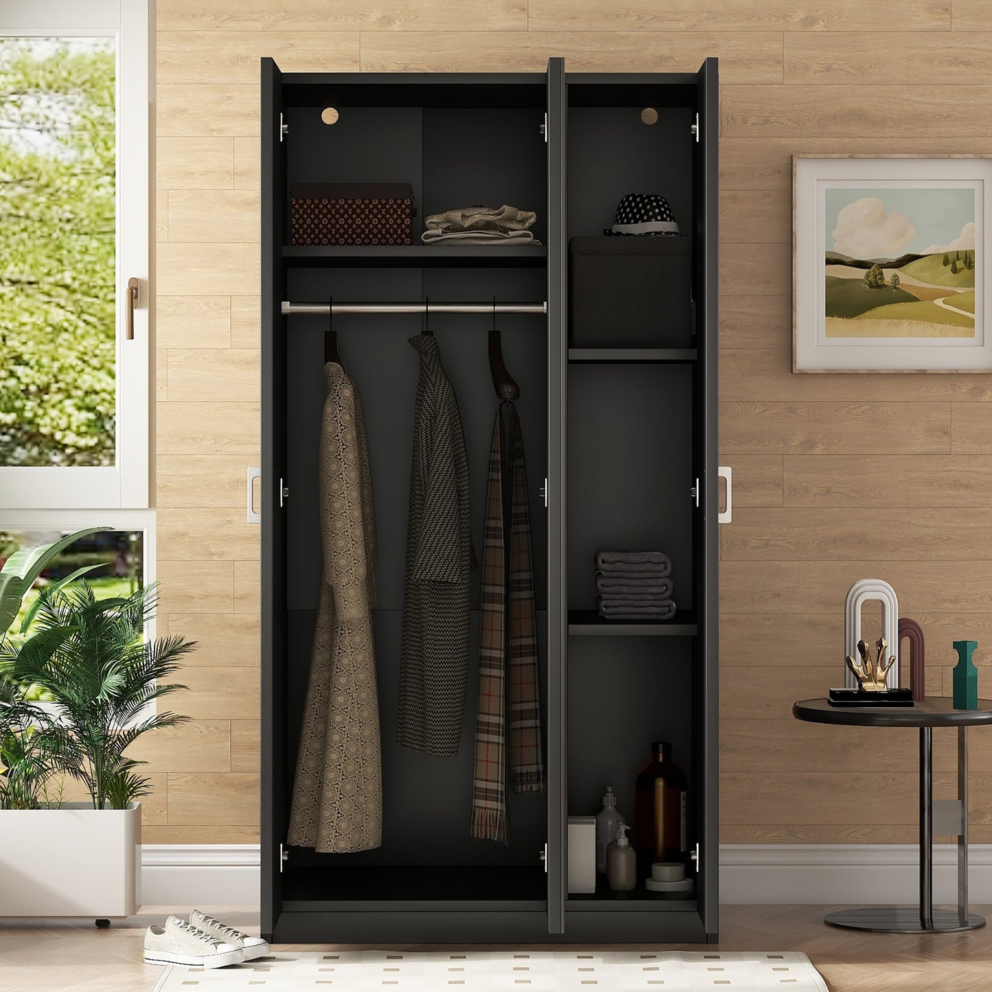 Chic Black Wardrobe with Mirror and Shelves