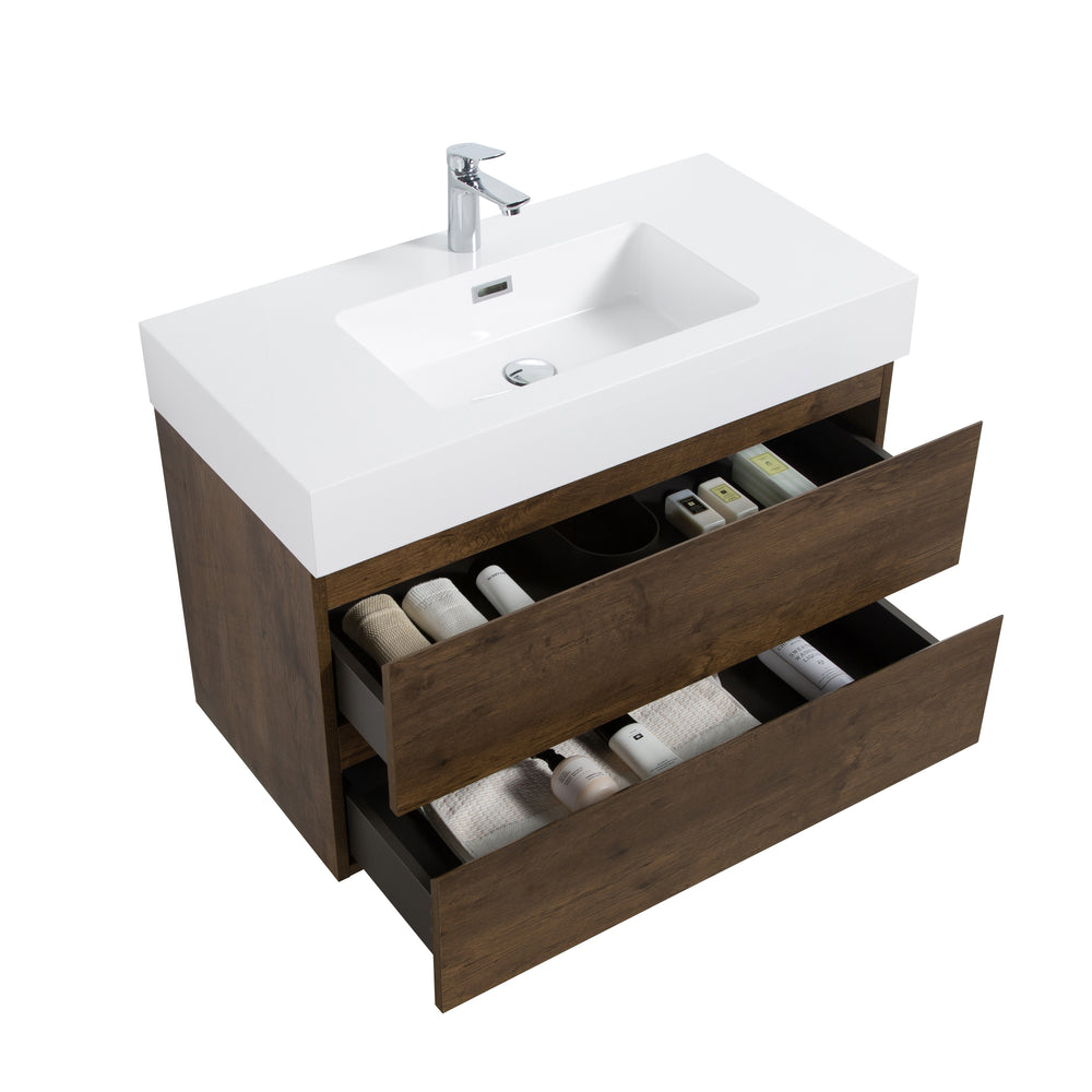 Walnut Wall-Mounted Vanity with Sleek Sink and Ample Storage